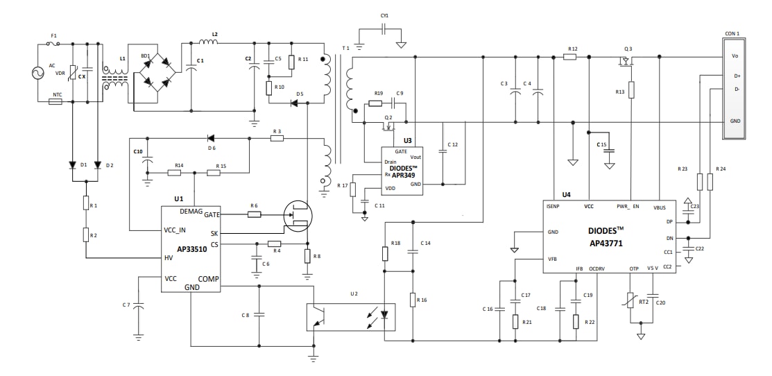 Application Circuit Diagram - Diodes Incorporated AP33510 Quasi-Resonant Flyback GAN Controller